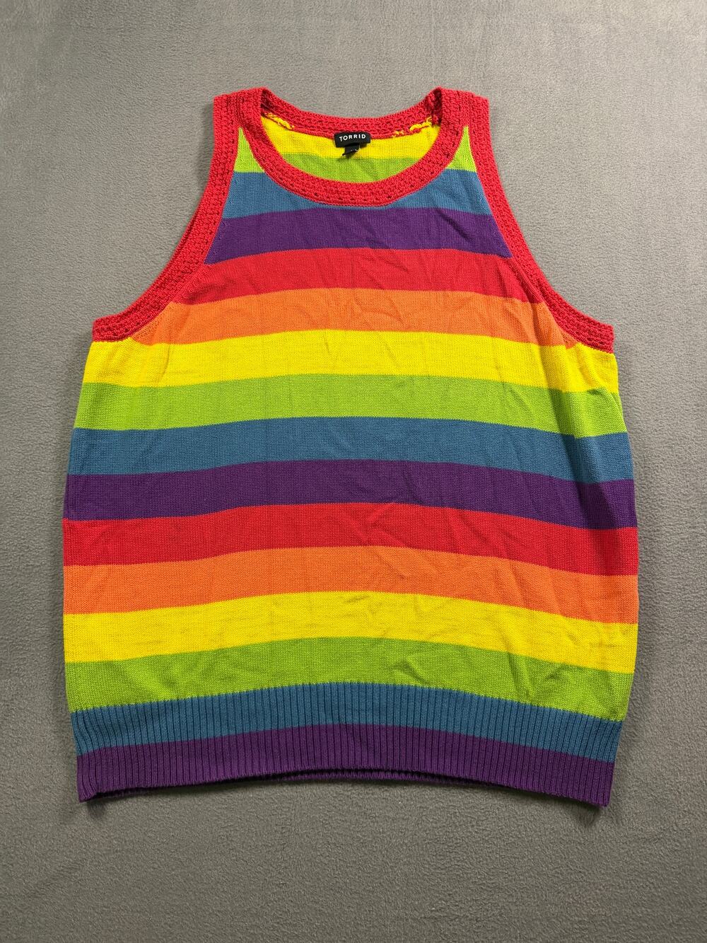 Torrid Womens Size 2 Rainbow Stripe Knit Sweater Tank Top Crochet Trim Plus
